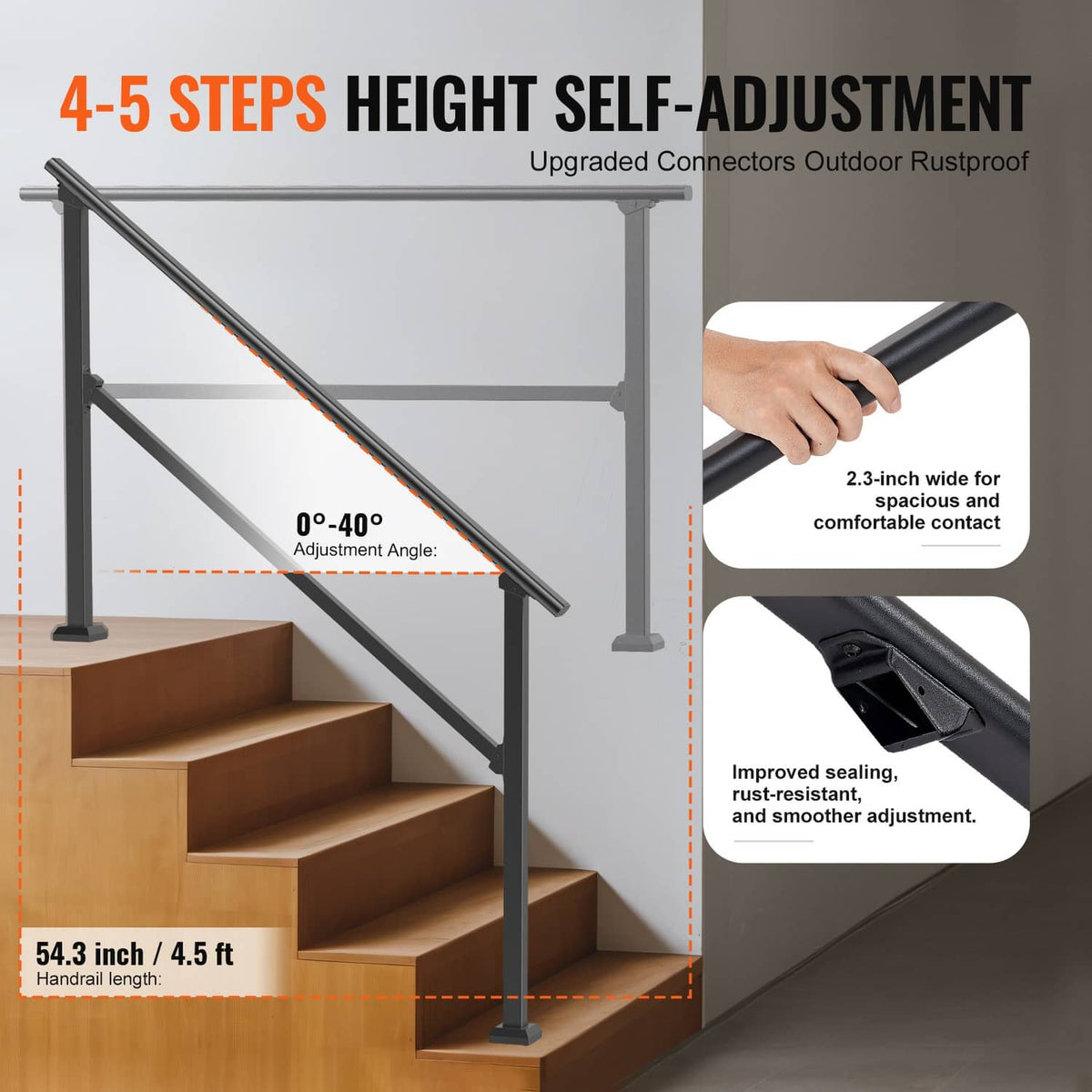 Black carbon steel stair handrail with diagonal top rail and two side posts