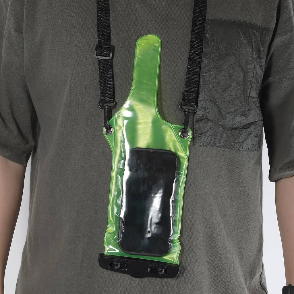 Green waterproof PVC walkie talkie case on chest with clear front window and black straps