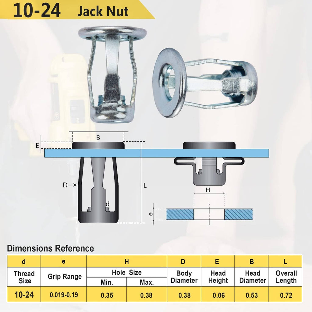 Metal 10-24 jack nut with installation bolt and mandrel tool