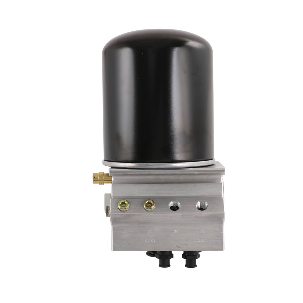 Air dryer unit with black dome top and silver valve base, multiple air ports and fittings