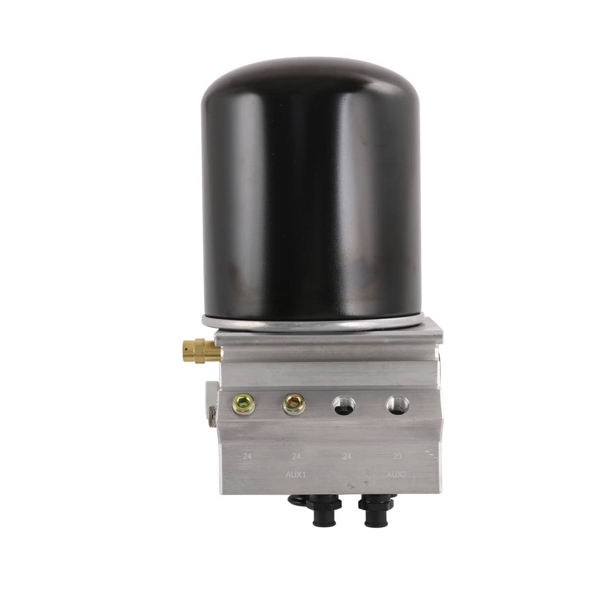 Air dryer unit with black dome top and silver valve base, multiple air ports and fittings