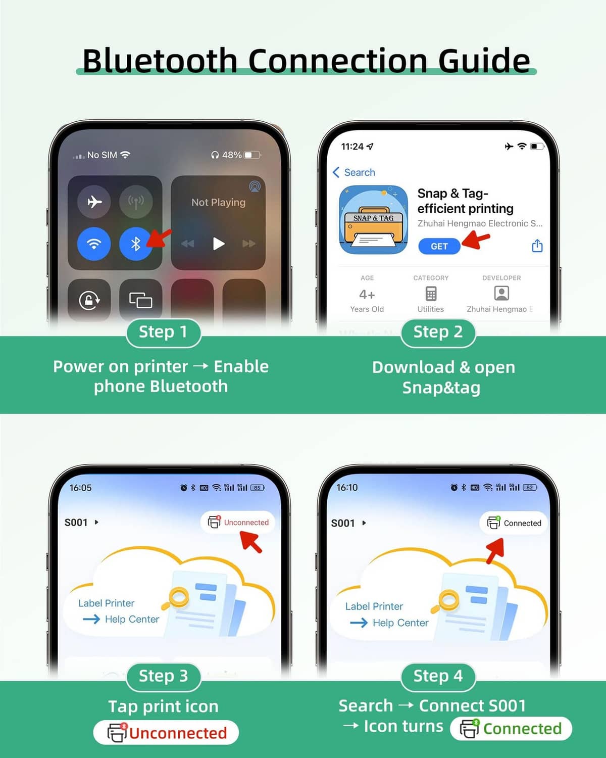 Smartphone screens showing Bluetooth connection steps for the label maker