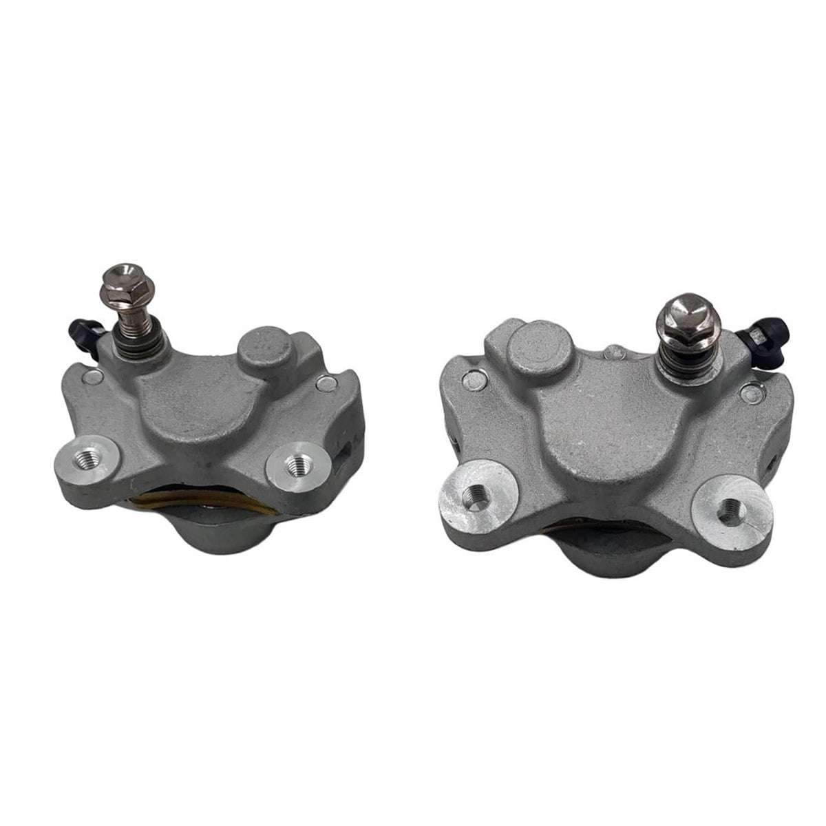 Front brake caliper with pads, gray housing, top banjo bolt and piston hardware