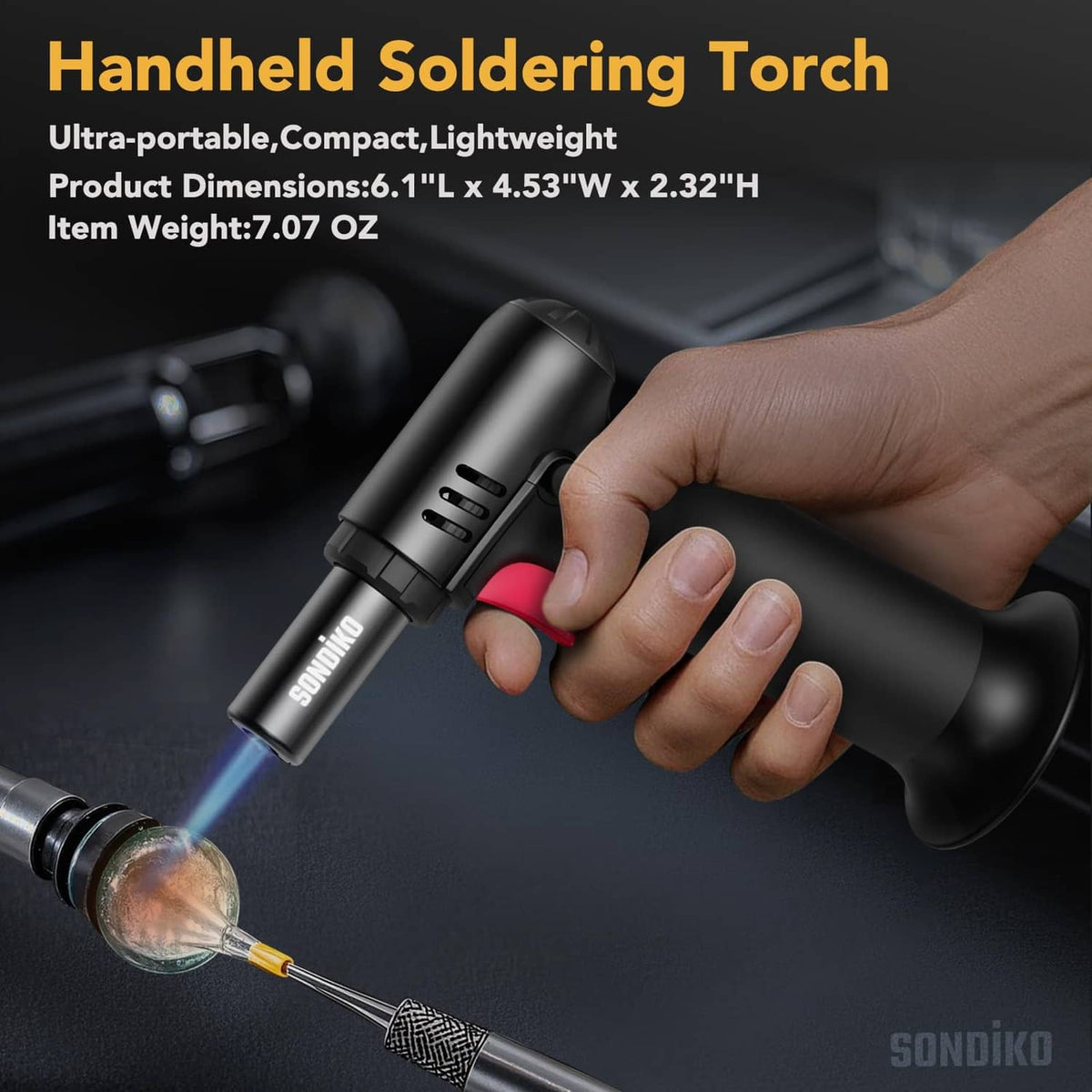 Handheld soldering butane torch with blue flame tip and red trigger