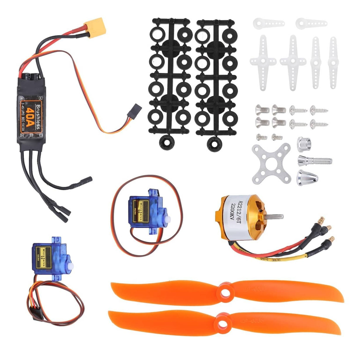RC airplane motor and servo kit with orange propellers, blue servos, ESC, linkage hardware
