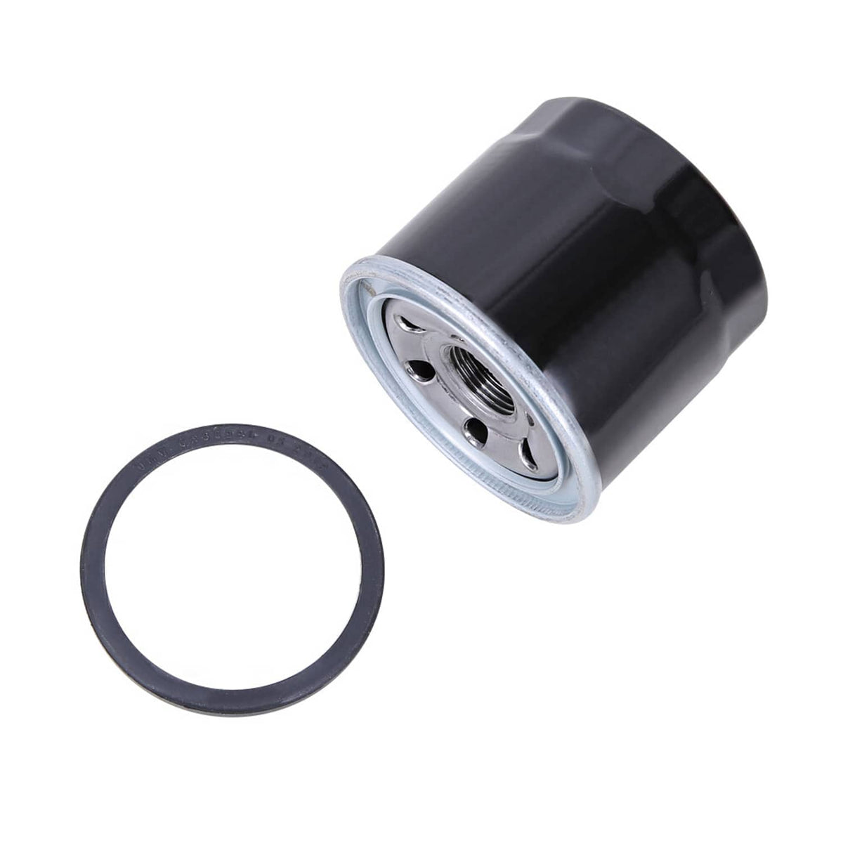 Oil filter cartridge with rubber gasket ring and metal base, black housing