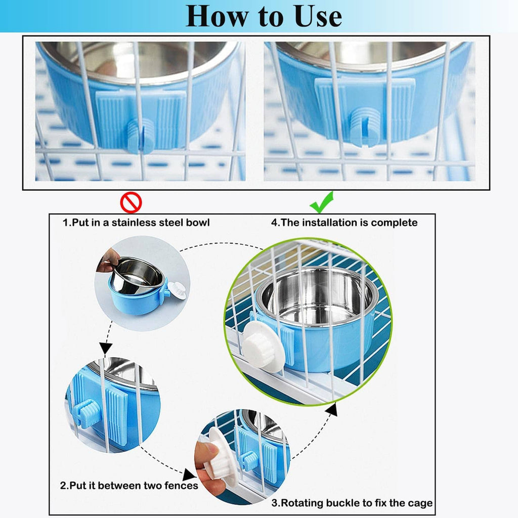 Blue hanging pet bowl installation steps with stainless bowl and rotating buckle