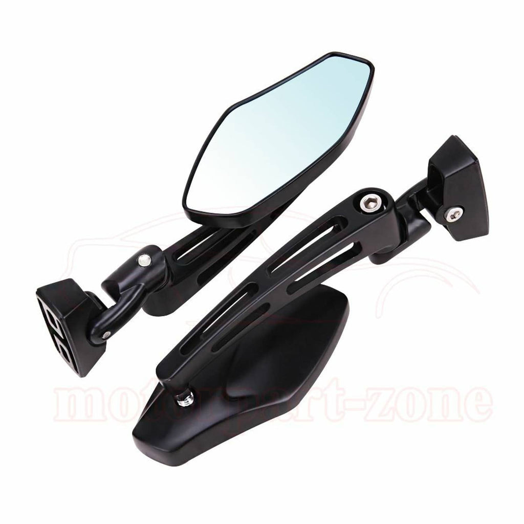 Black sport motorcycle rearview mirrors with blue-tinted lenses and long slotted arms