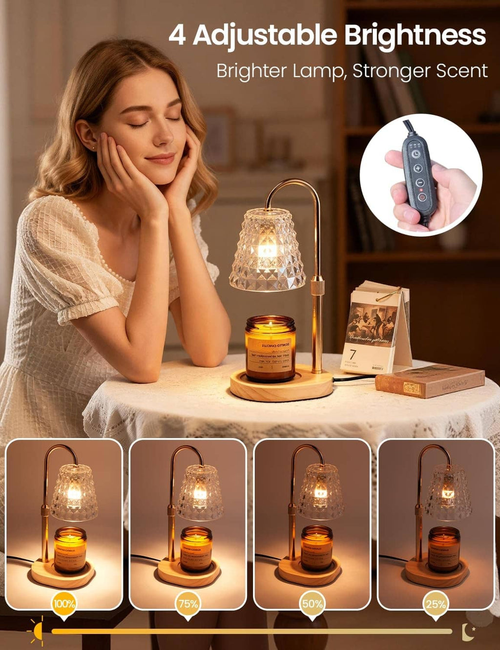 Candle warmer lamp with diamond glass shade showing multiple brightness levels