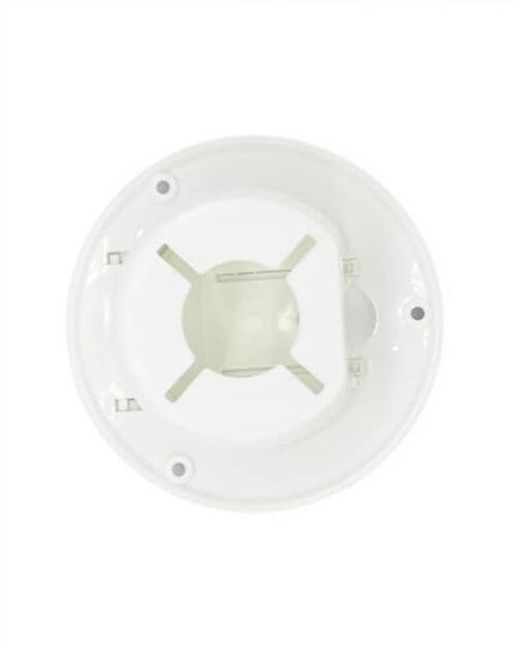 Round white RV power cord hatch with central connector and four screw holes