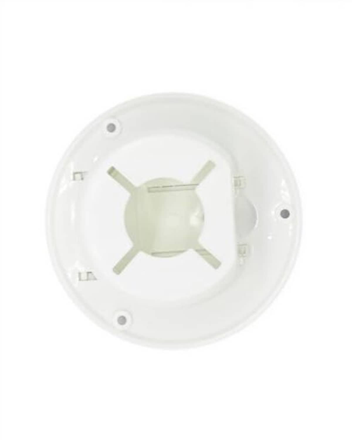 Round white RV power cord hatch with central connector and four screw holes