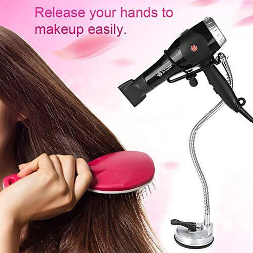 Hands-free hair dryer holder with black hair dryer and silver suction base
