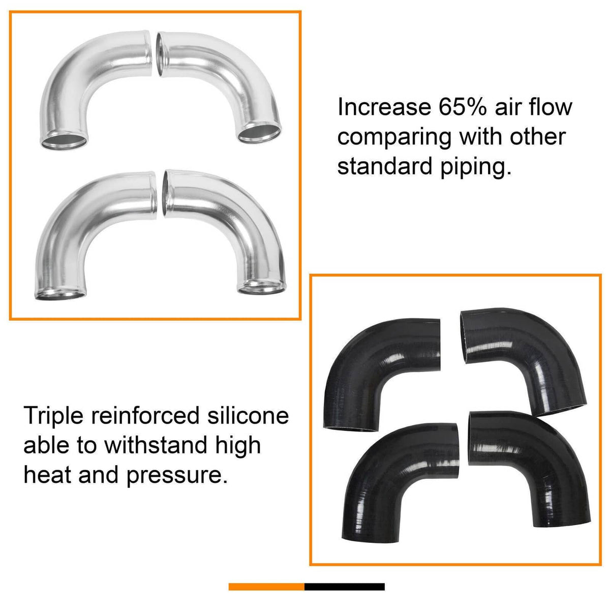 Curved polished aluminum intercooler pipe pair with reinforced black silicone hose elbows