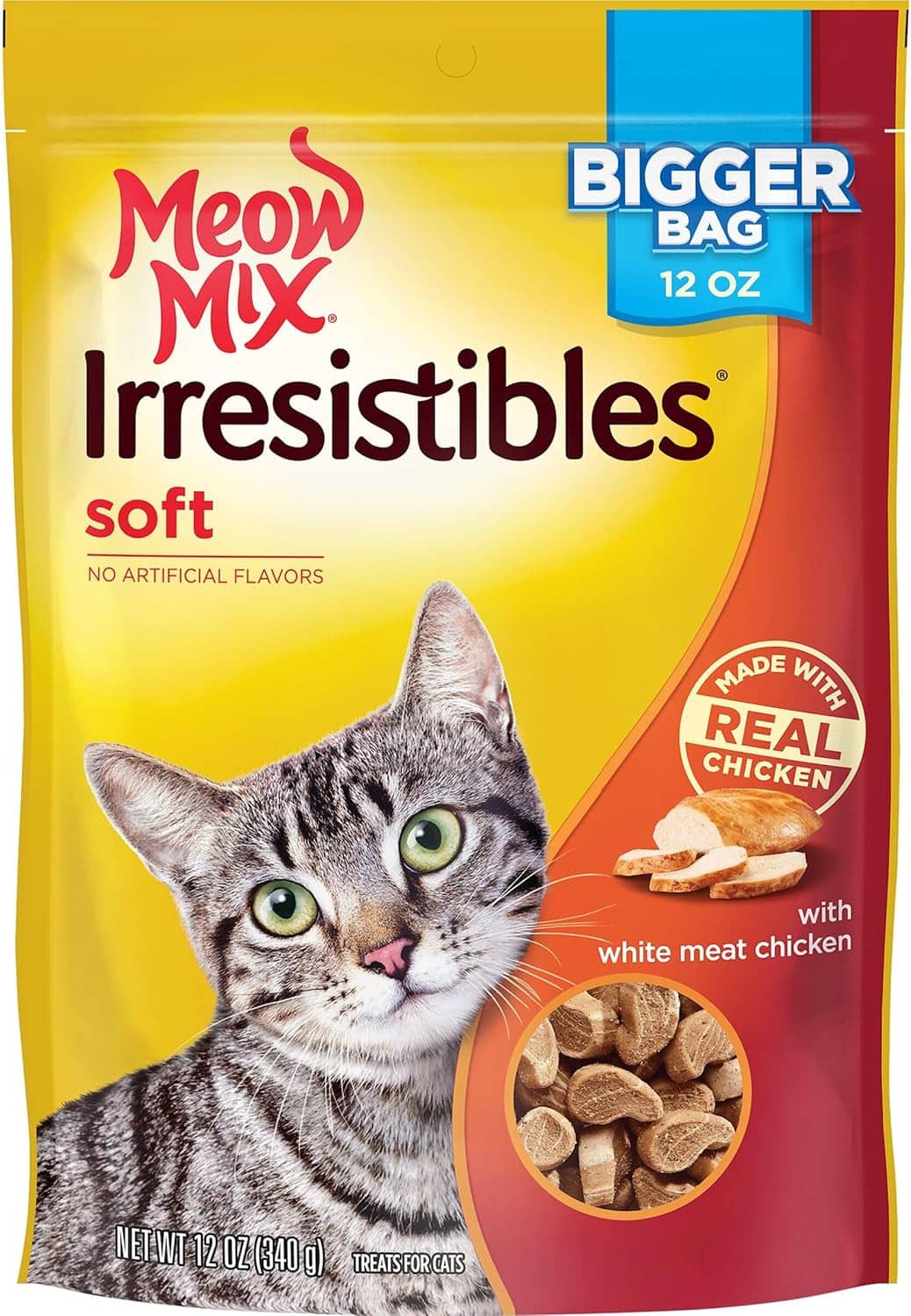 Soft cat treats pouch showing cat face, bigger bag 12 oz, real chicken