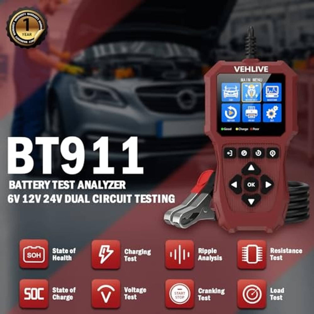 BT911 red car battery test analyzer with dual circuit display and clamp leads