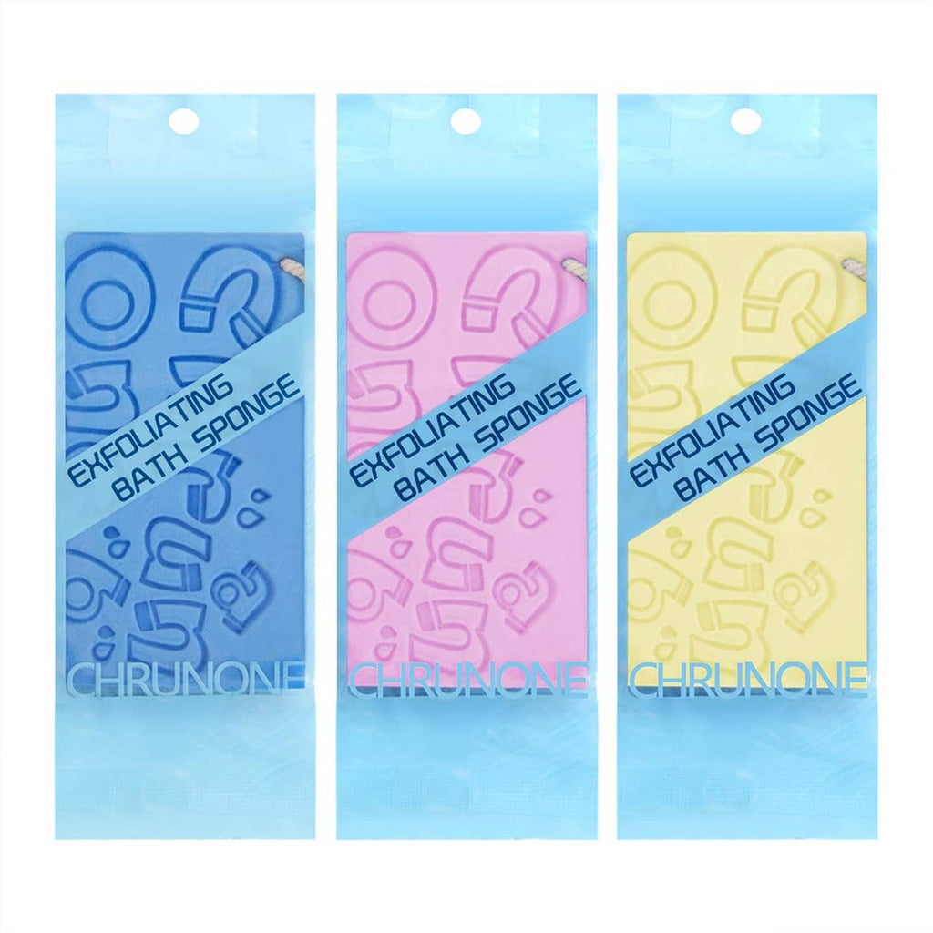 Packaged exfoliating bath sponges in blue, pink, and yellow strips