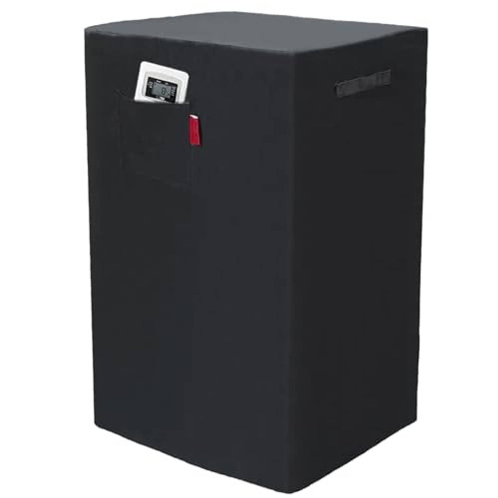 Black portable air conditioner cover with gray top and front control window opening