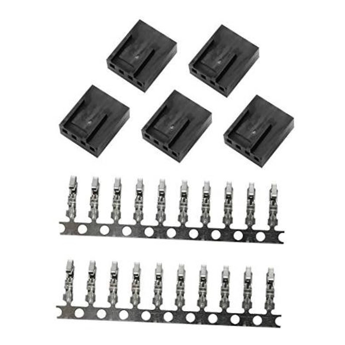 5-pack 4-pin computer fan female plug interfaces with black plastic housings and pins