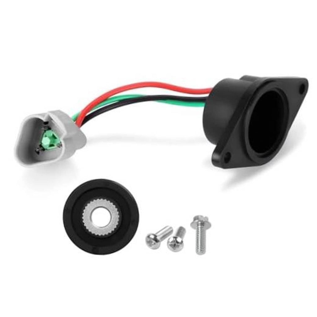Speed sensor magnet housing with wiring, green connector, mounting screws, and drive gear