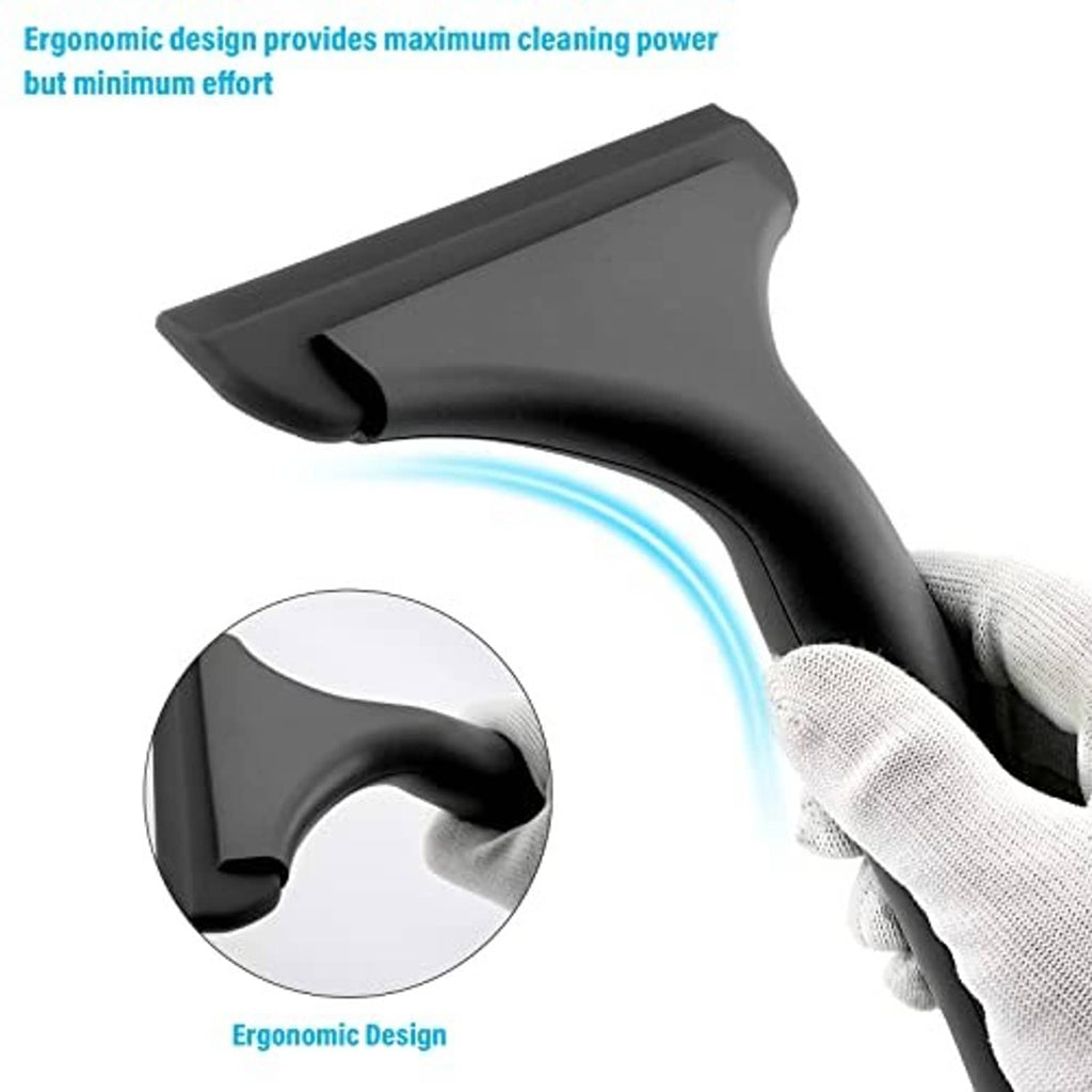 Black silicone squeegee in hand with curved blade edge removing water quickly.