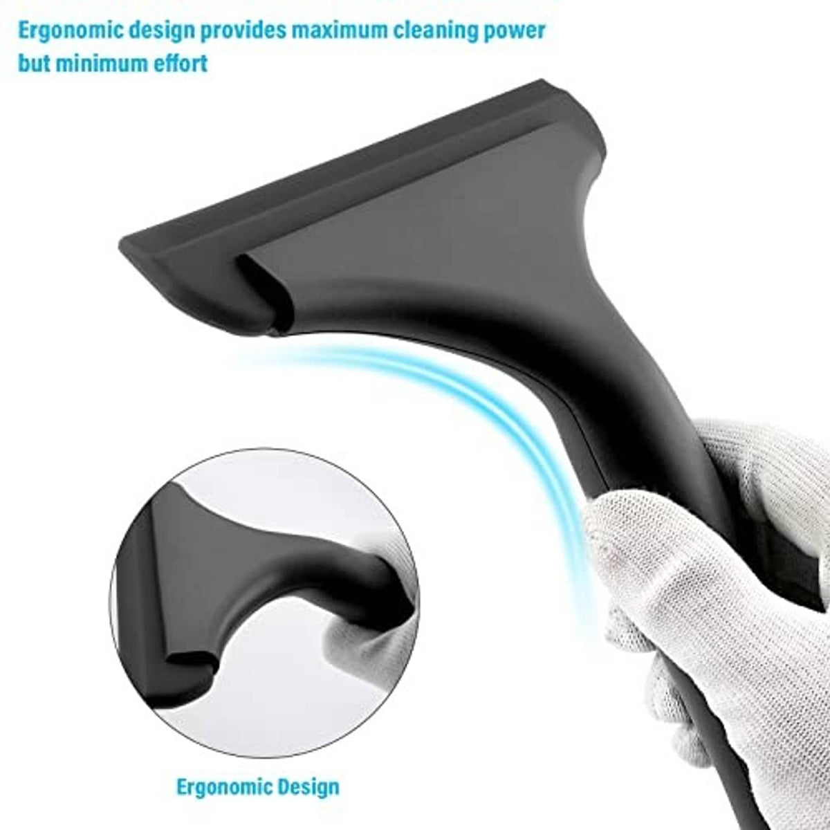 Black silicone squeegee in hand with curved blade edge removing water quickly.