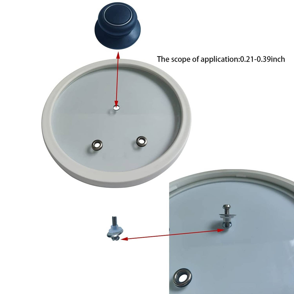 Pot lid knob underside showing mounting screws and fit range diagram