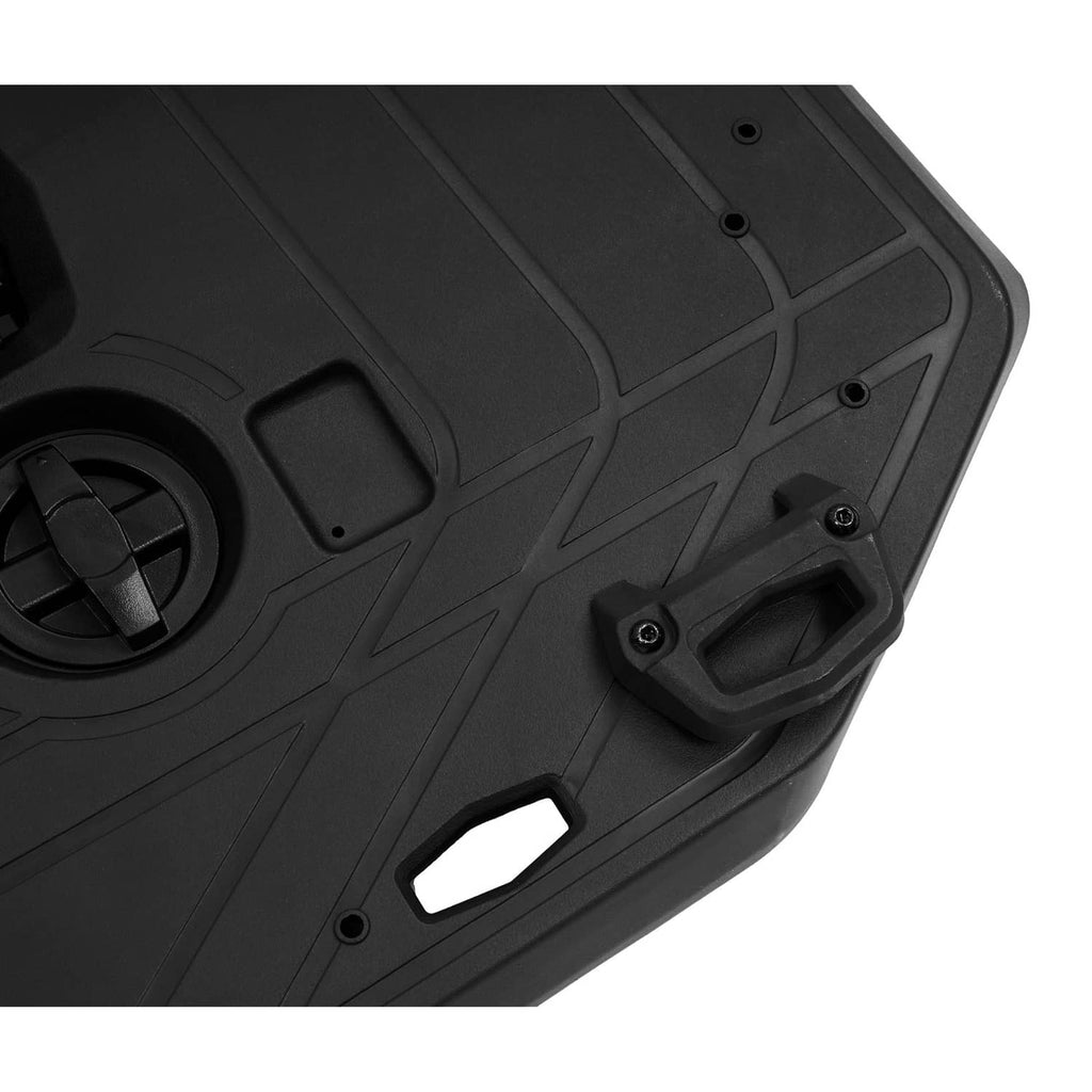 Textured black rear cargo rack corner with bolt holes and molded latch opening
