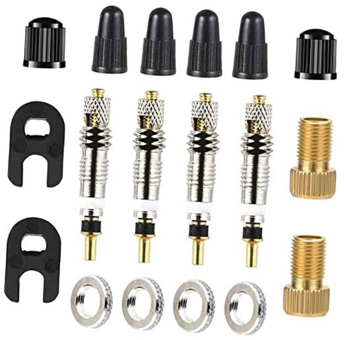 Bike valve repair kit: black caps, Presta valve cores, brass adapters and metal rings