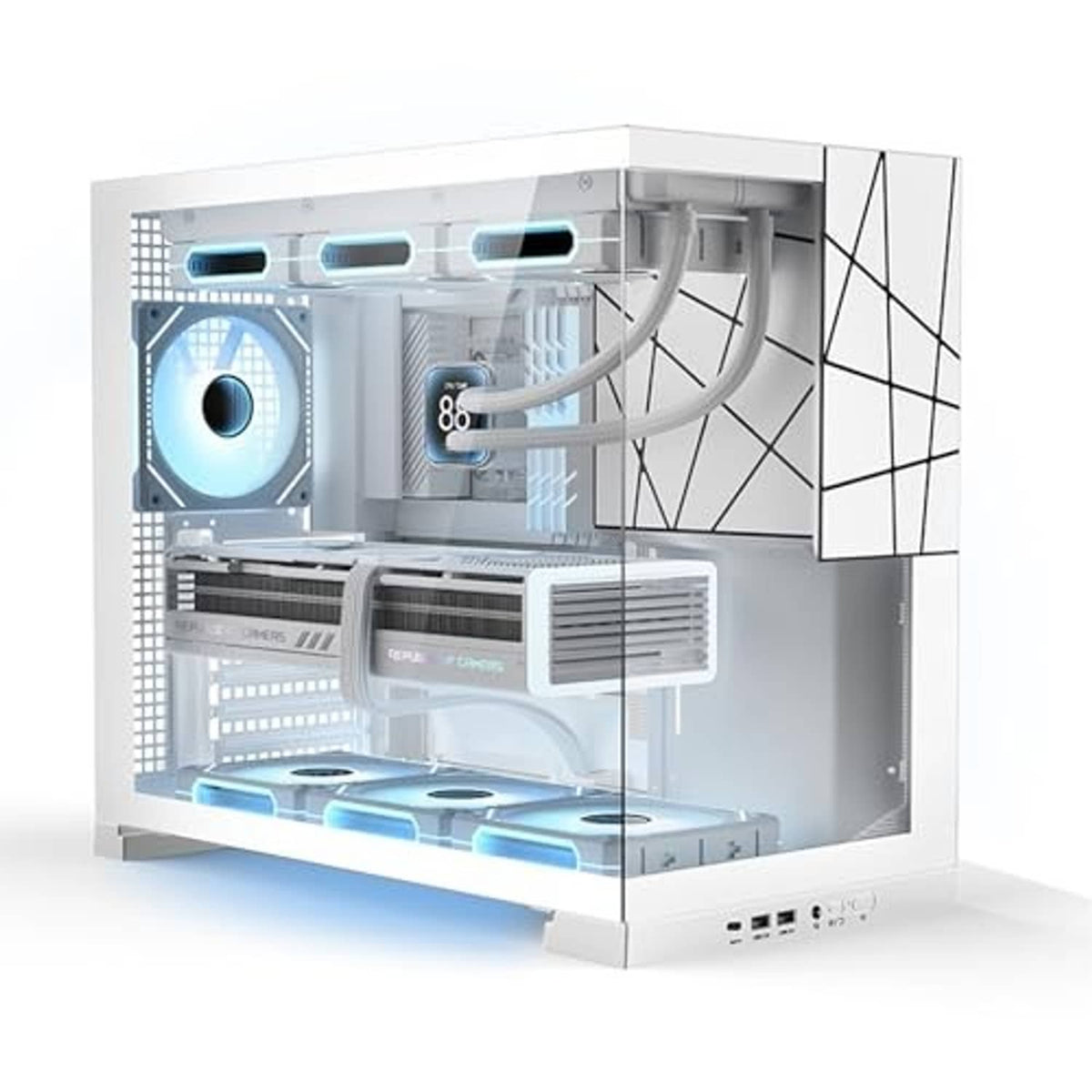 White mid-tower PC case front view with mesh panel, blue LED intake fans and front ports