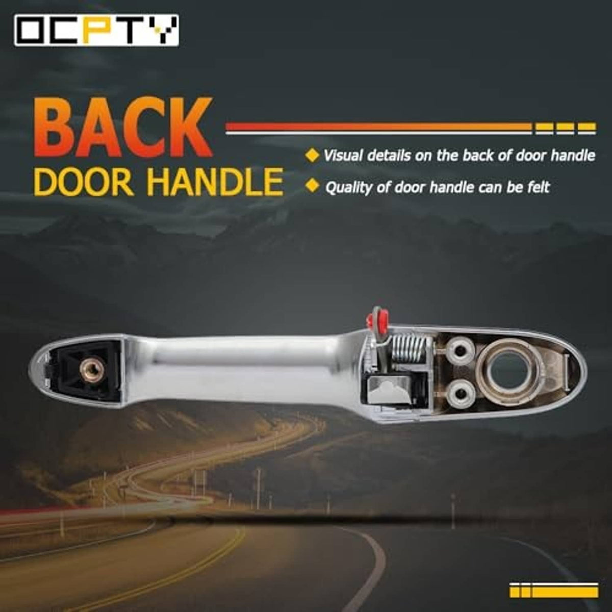 Backside view of door handle assembly with spring and alignment openings, silver-gray