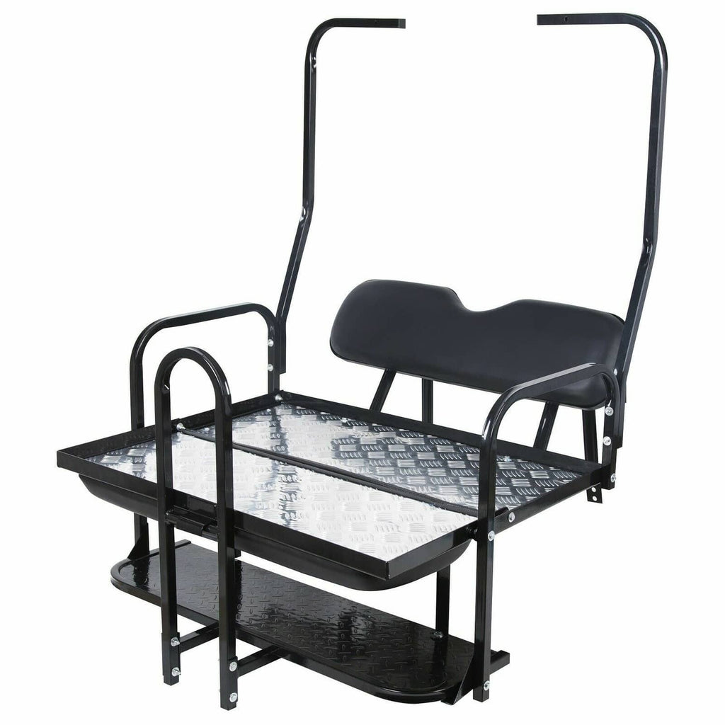 Golf cart rear flip seat kit with black seat cushions and diamond-plate platform