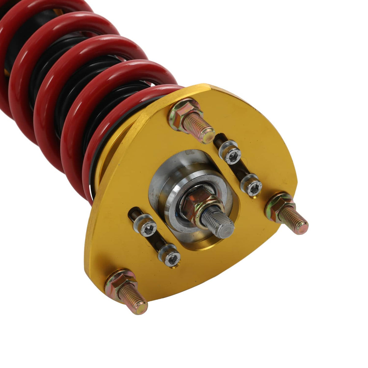 Coilover top mount with red spring, gold plate, wheel hub bearing hardware and bolts