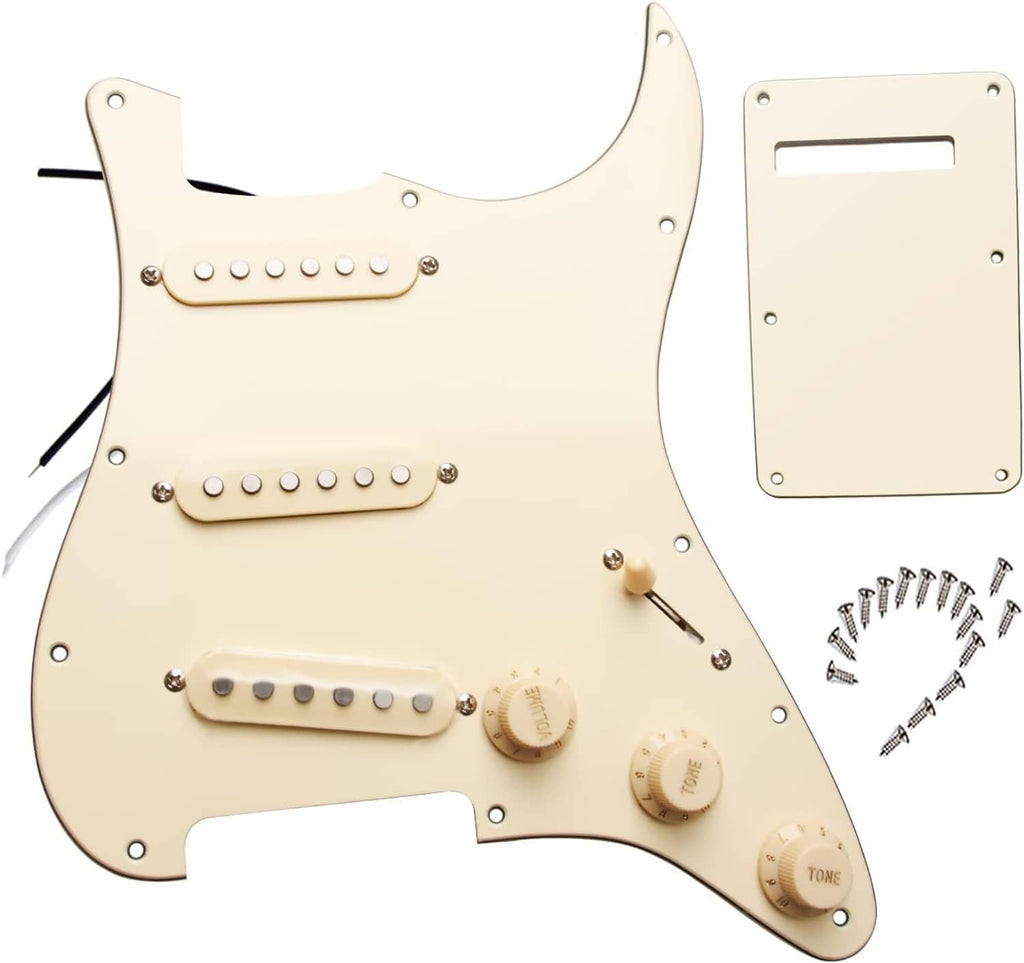 Prewired cream electric guitar pickguard with three single-coil pickups, tone control, screws