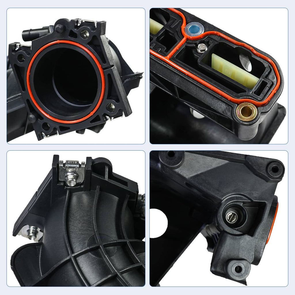 Black intake manifold detail showing round throttle bore and oval sensor channel