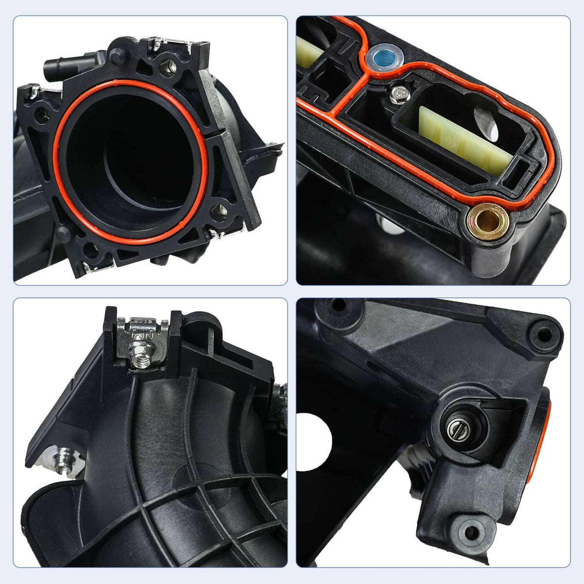Black intake manifold detail showing round throttle bore and oval sensor channel