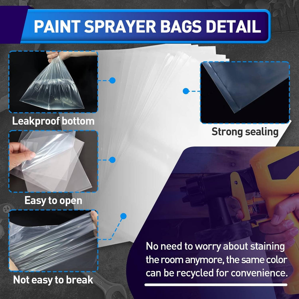 Transparent paint sprayer bag liners, clear film with sealed bag openings