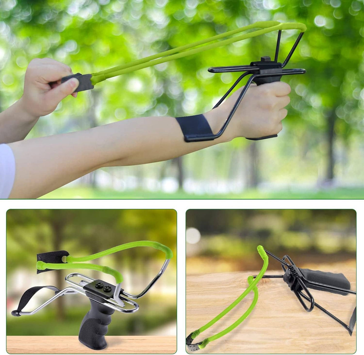 Green tubular slingshot replacement bands with black perforated connector, heavy-pull set
