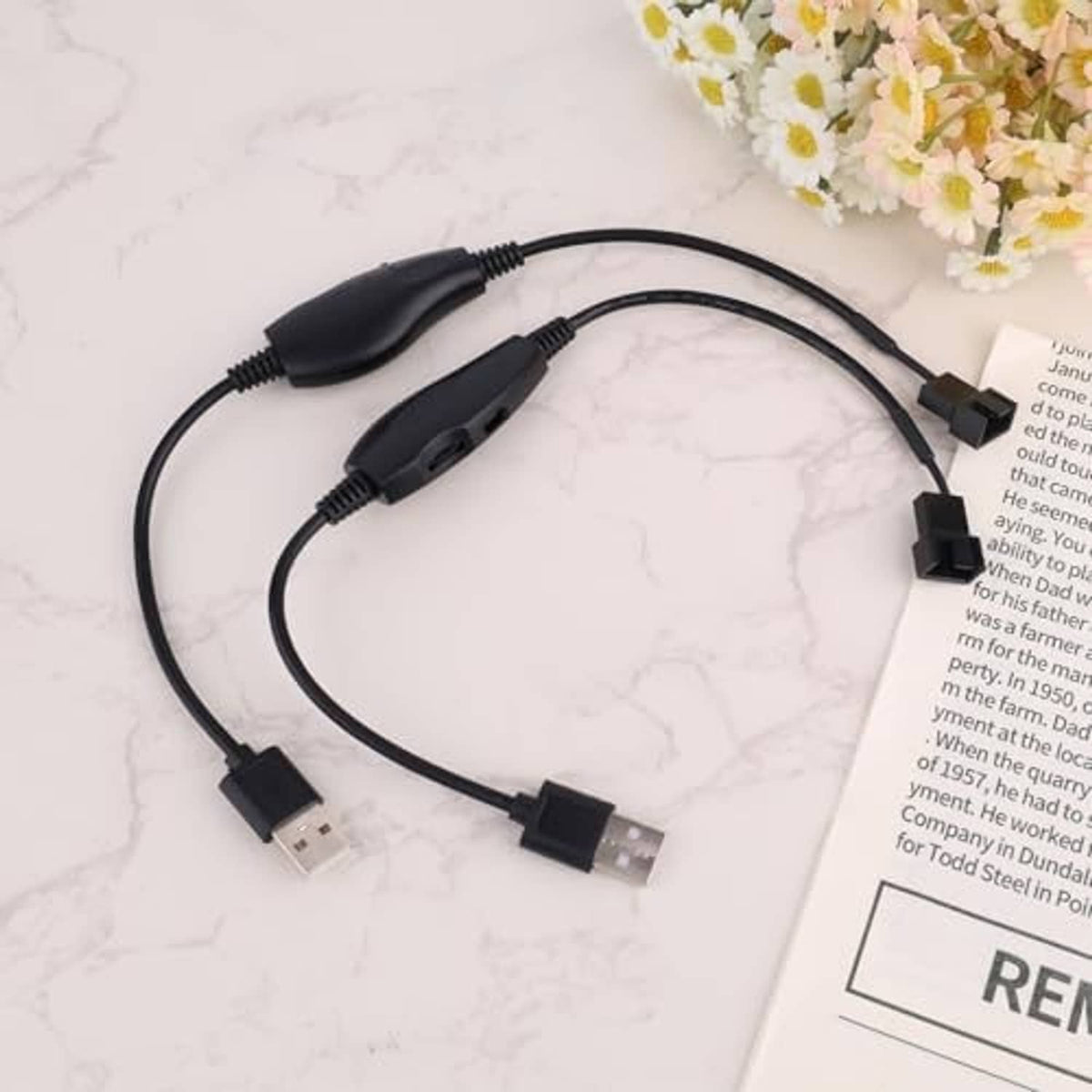 USB fan speed adapter cables with black inline controller and 4-pin connectors