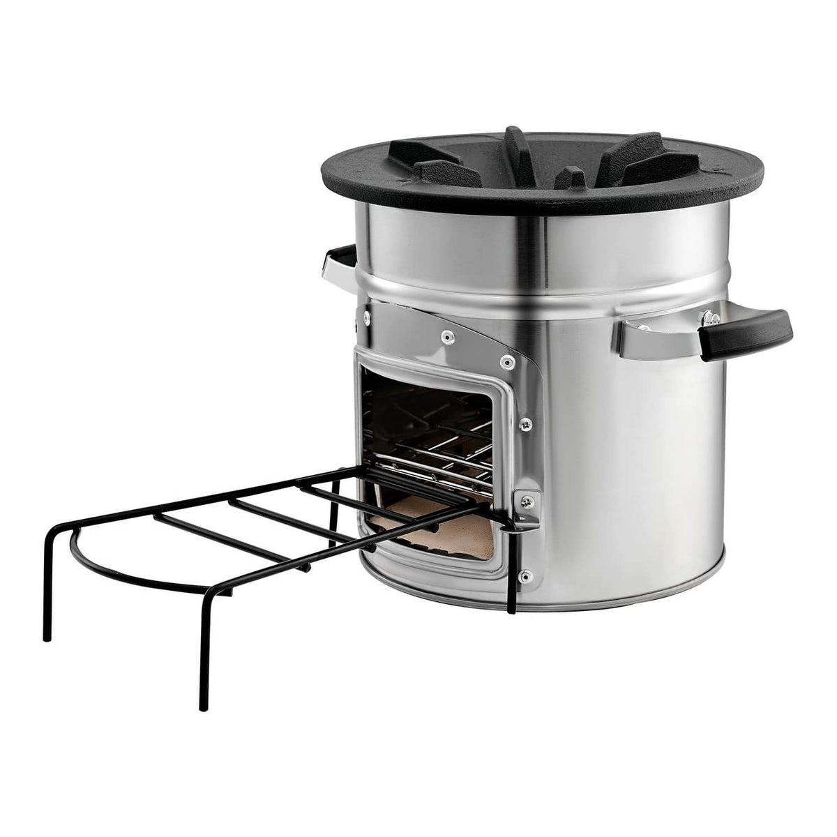 Stainless rocket stove with open door, black top grate, and foldable pot stand