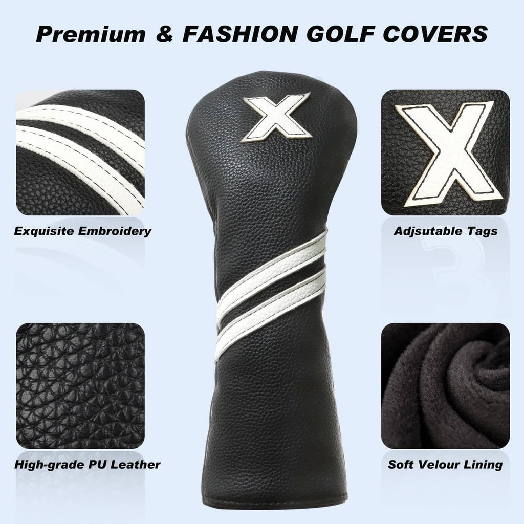Black hybrid headcover with white double bands, X emblem, and pebbled PU texture