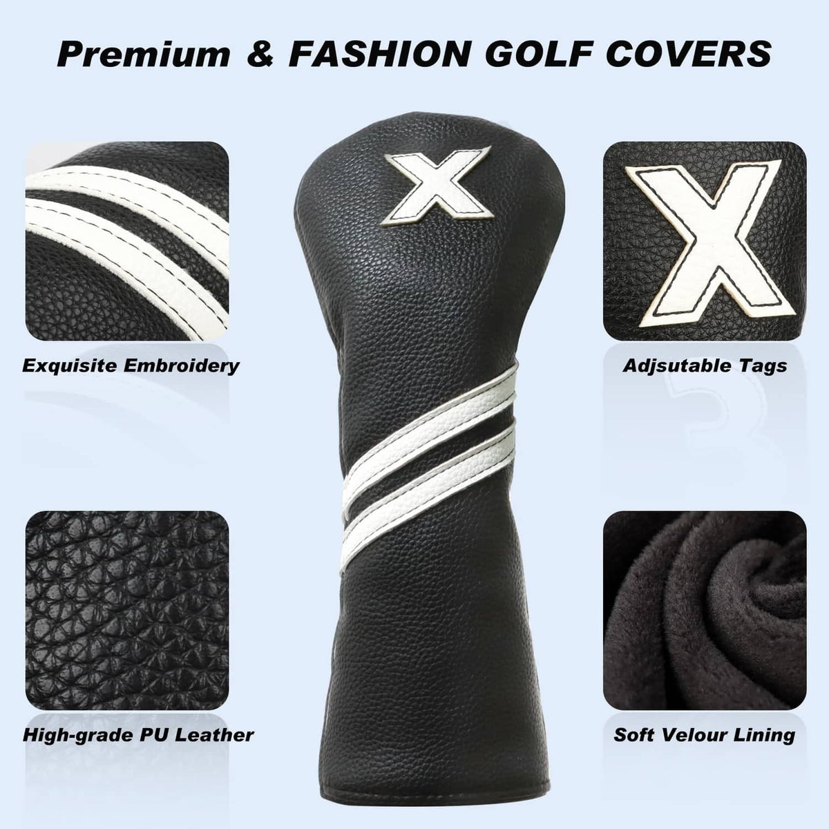 Black hybrid headcover with white double bands, X emblem, and pebbled PU texture