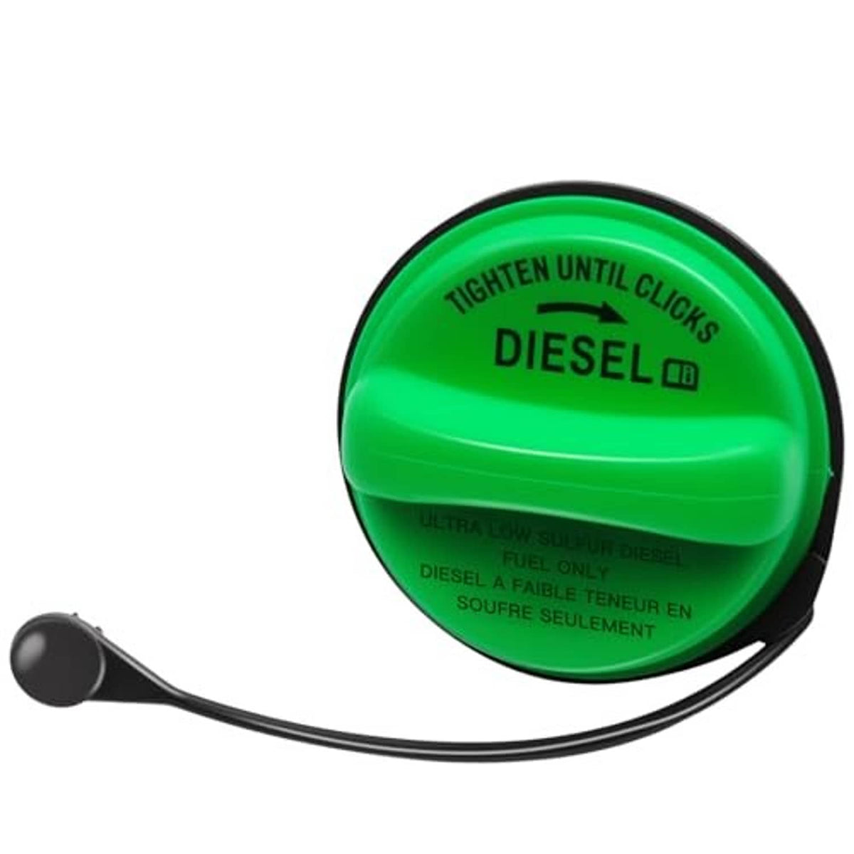 Green diesel fuel cap with black rim and tether cord, embossed DIESEL text