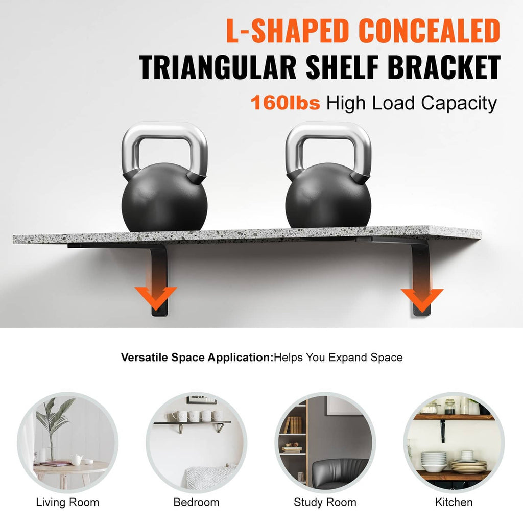 L-shaped hidden shelf bracket for floating shelves, black metal with screw holes