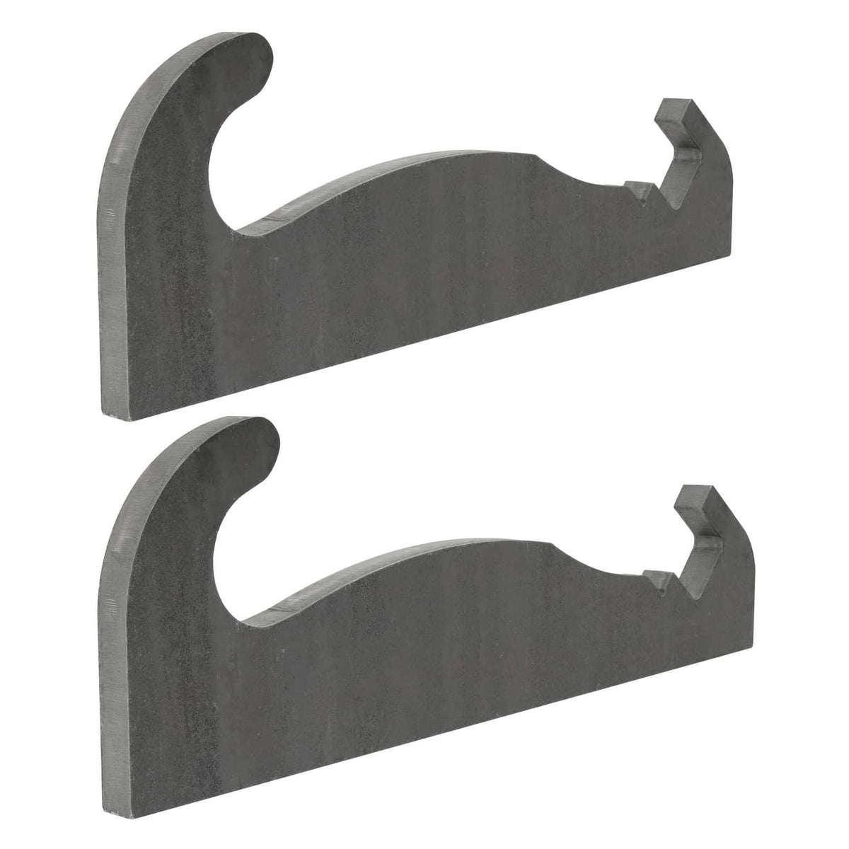 Pair of dark gray steel quick-attach mounting brackets with top hook openings and tabs