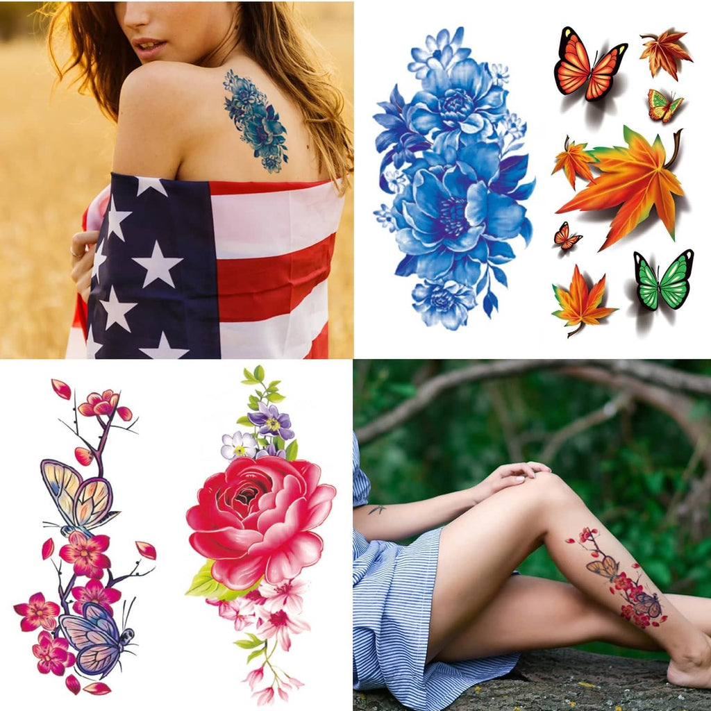 Temporary flower and butterfly tattoos on skin, including blue peony and colorful butterfly accents