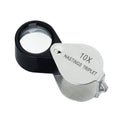 10X jeweler's triplet loupe with black handle and silver stainless case