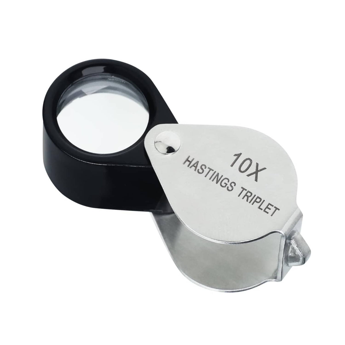 10X jeweler's triplet loupe with black handle and silver stainless case