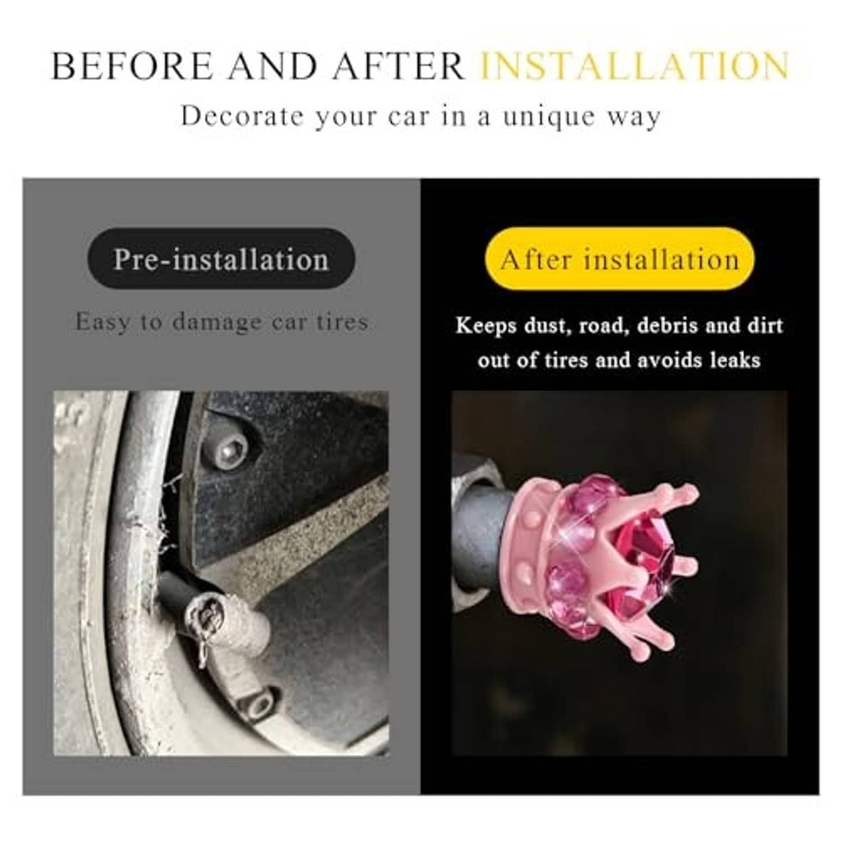 Pink crown tire valve cap with rhinestones for before-and-after installation