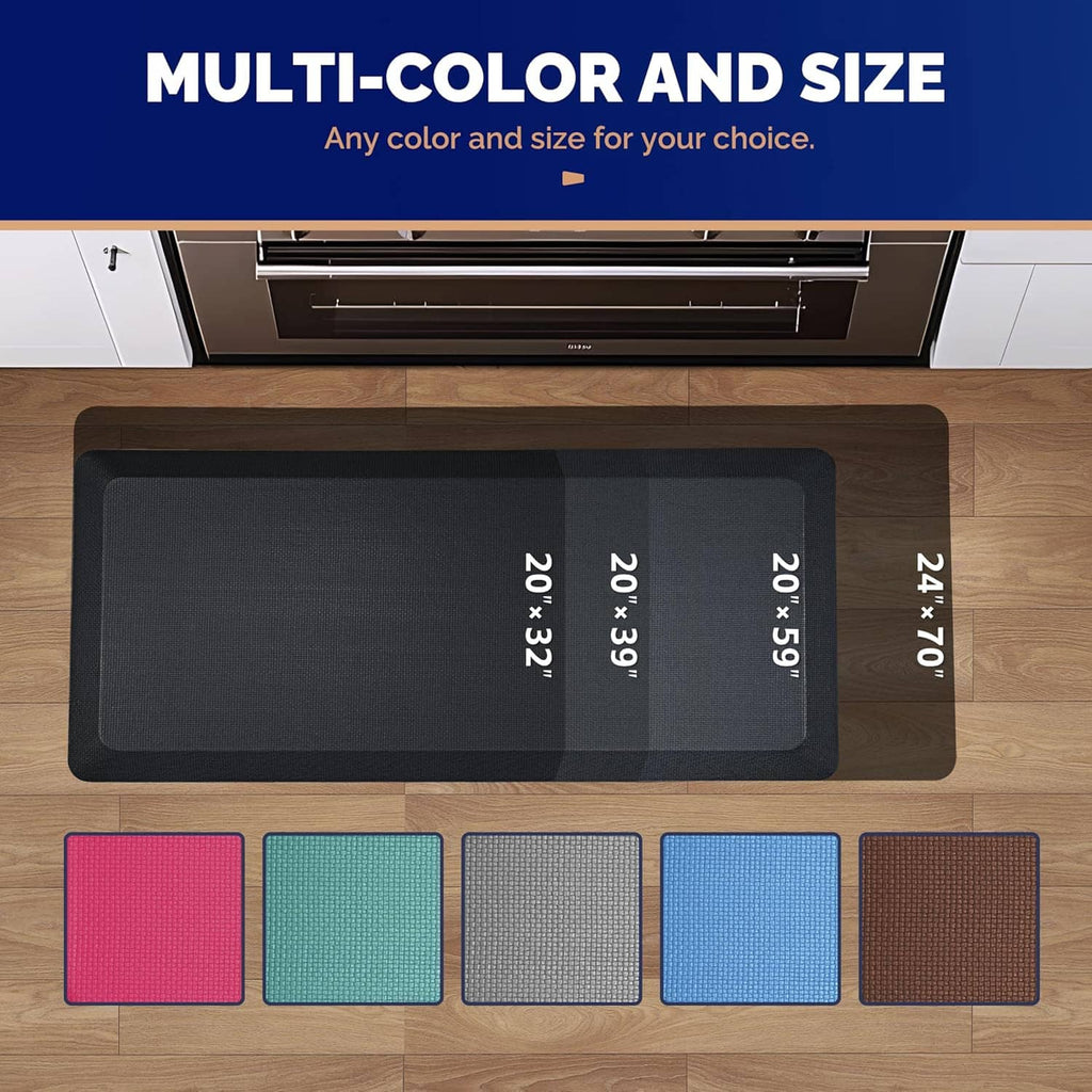 Dark textured standing mat shown with size labels and color options