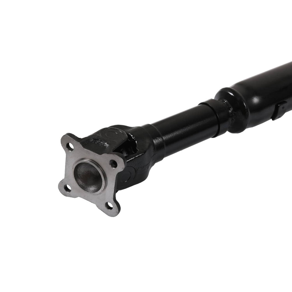 Rear driveshaft with circular mounting flange and bolt holes, black metal